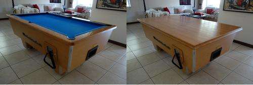 Coin operated, blue felt pool table with cover